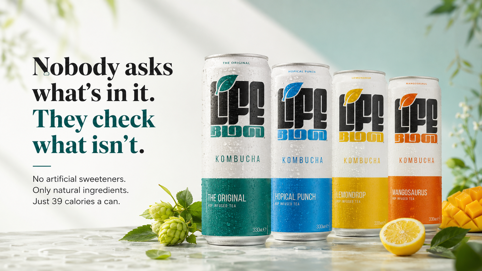 Lifeblood Kombucha, no artificial sweeteners, natural ingredients, 39 calories, blog banner