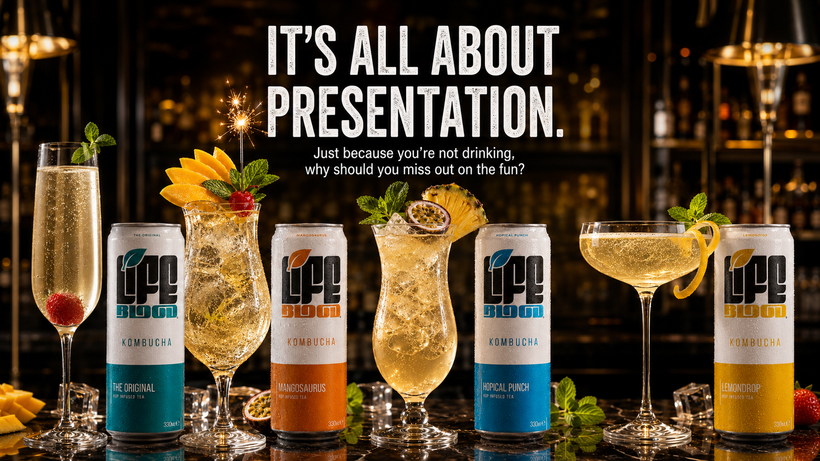 Four Life Blood kombucha cans beside alcohol-free mocktails in cocktail glasses, garnished with fruit, ice and a sparkler.