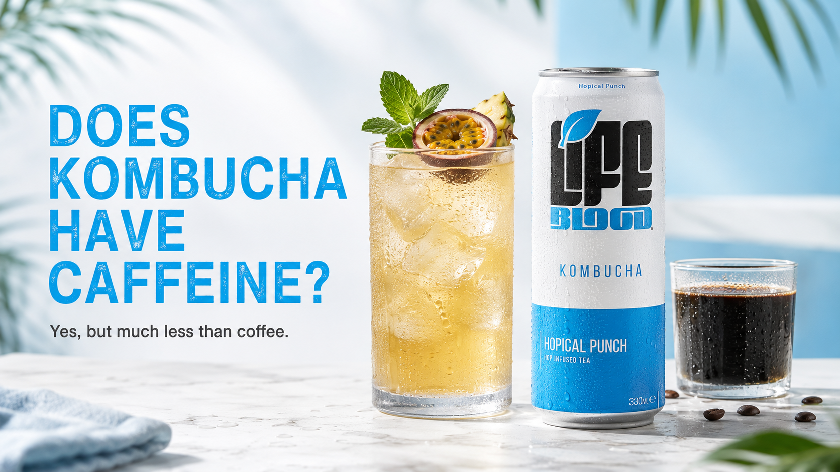 Life Blood kombucha can beside a cup of coffee, comparing how much caffeine is in kombucha