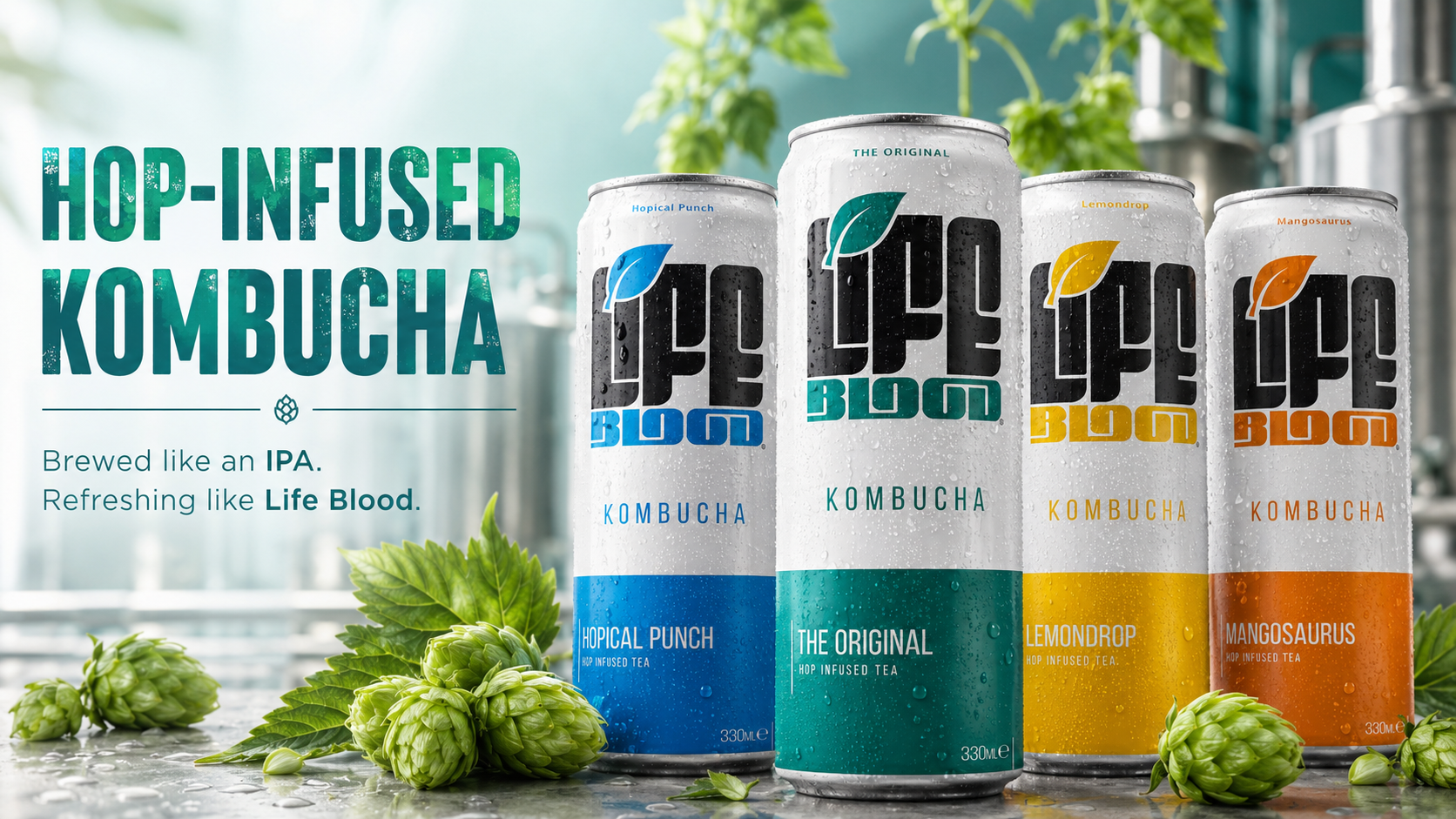 Life Blood hop-infused kombucha, brewed with hops like an IPA