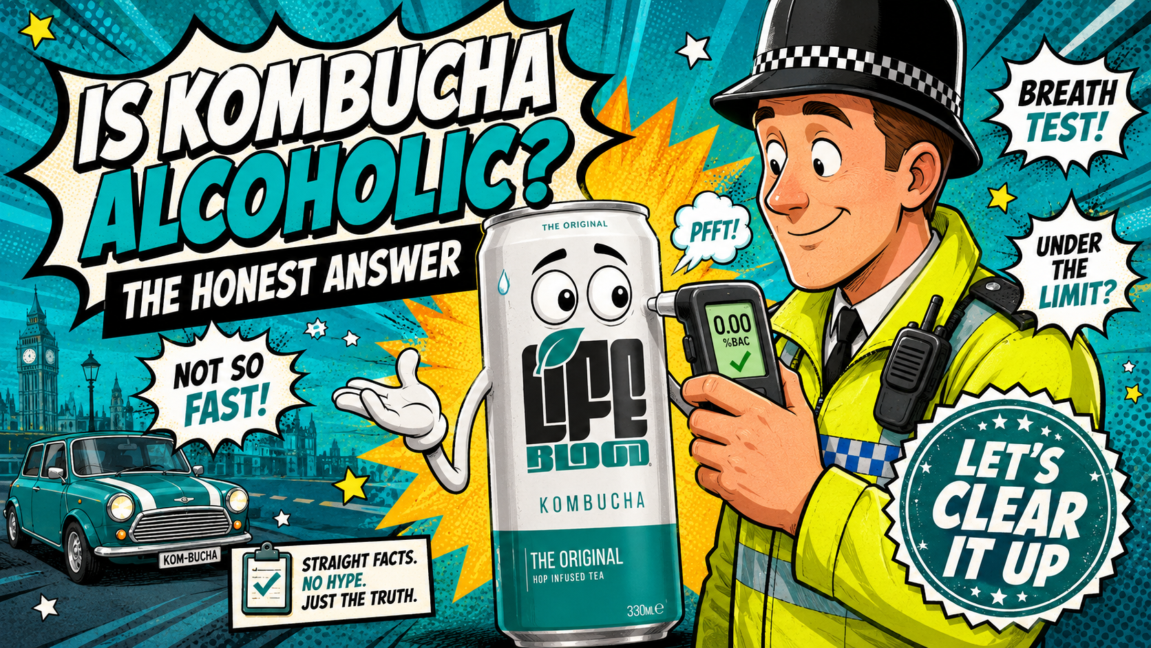 Life Blood hop-infused kombucha can, on the question of whether kombucha is alcoholic