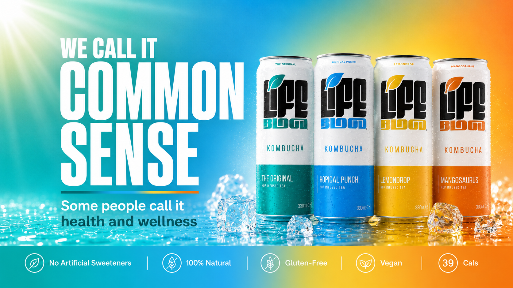 Life Blood kombucha range with the line: We call it common sense