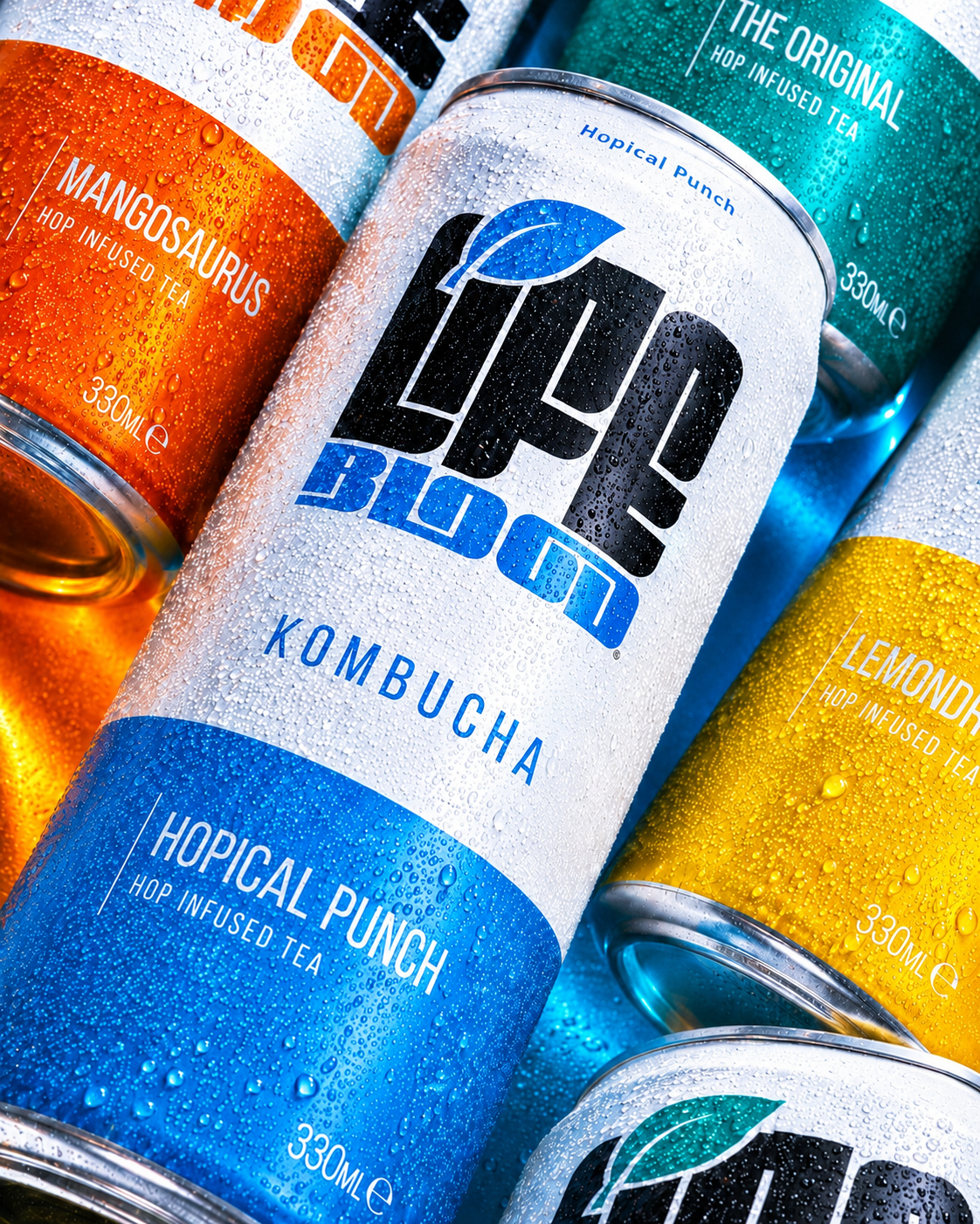 Close-up of a Life Blood Hopical Punch kombucha 330ml can