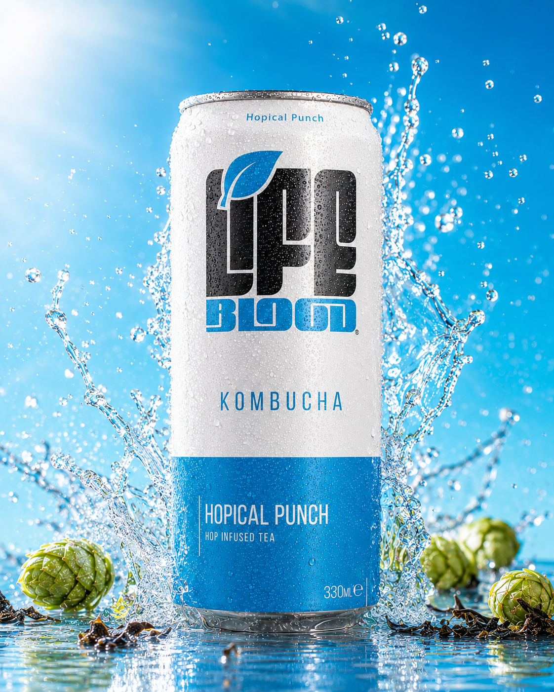 Life Blood Hopical Punch kombucha 330ml can with a fresh water splash and hops