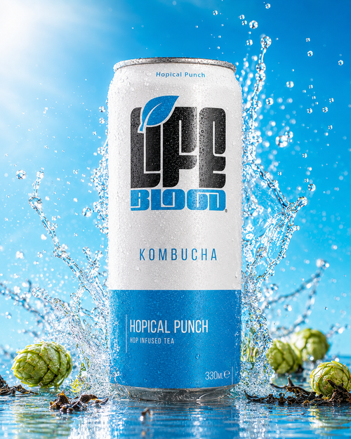 Life Blood Hopical Punch kombucha 330ml can with a fresh water splash and hops