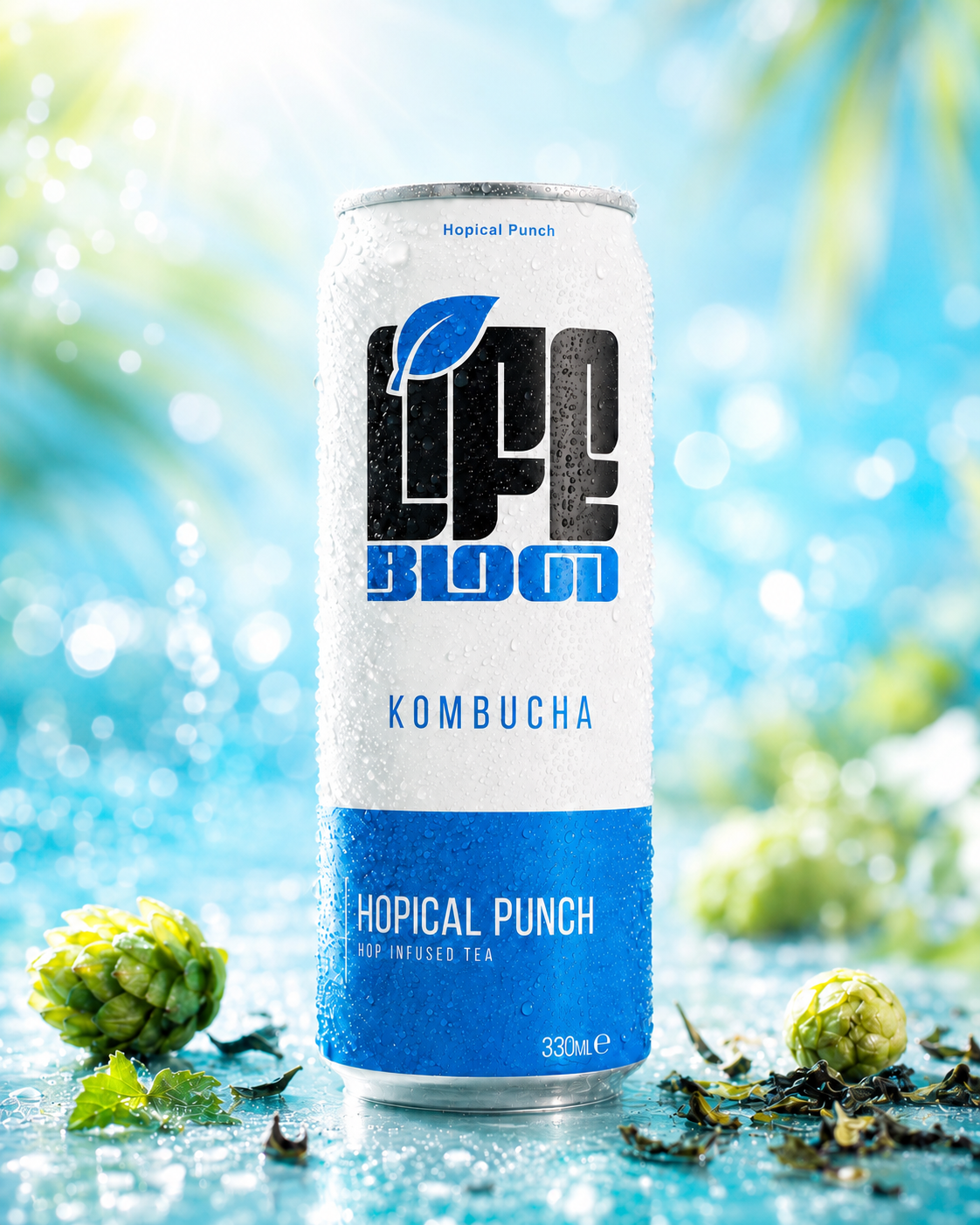 Life Blood Hopical Punch kombucha 330ml can on a bright tropical blue background