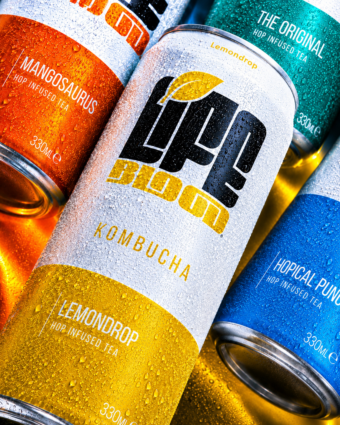 Life Blood kombucha range of four cans clustered together and chilled