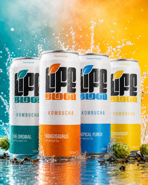 Life Blood kombucha variety pack with all four hop-infused flavours