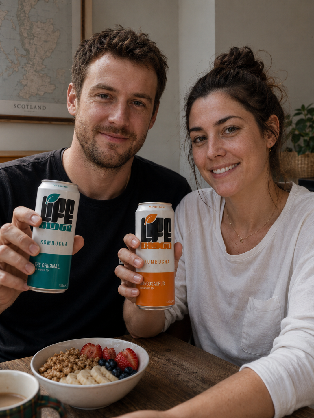 A couple enjoying Life Blood kombucha together at home