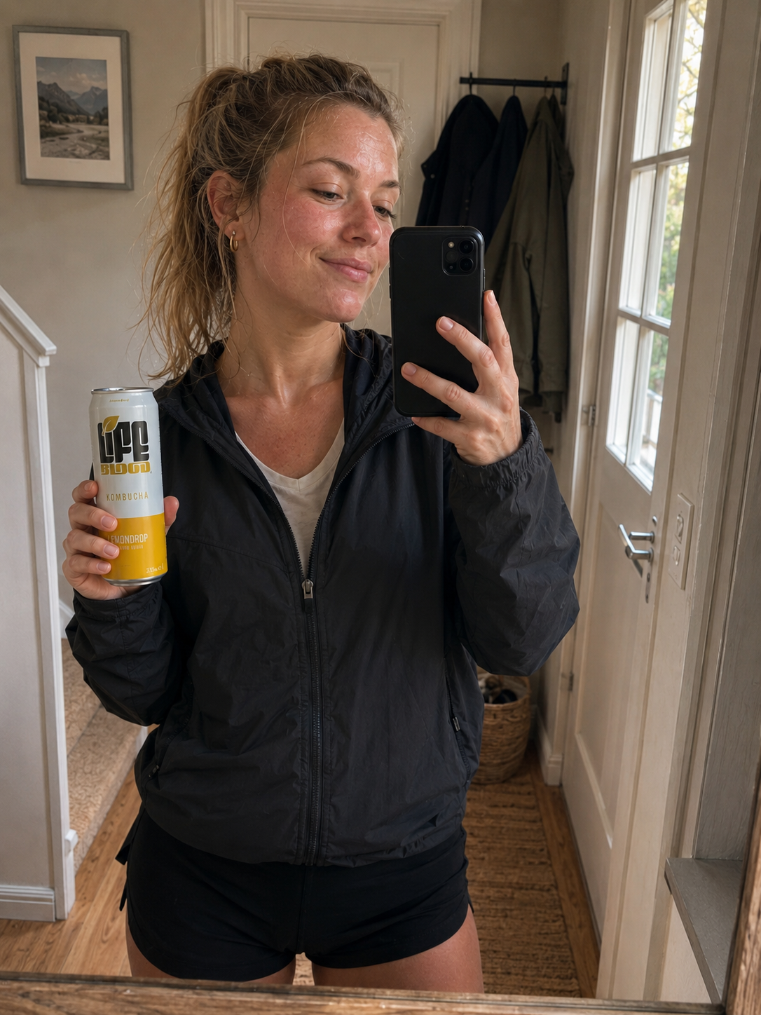 Person holding a Life Blood Lemondrop kombucha can, mirror selfie at home