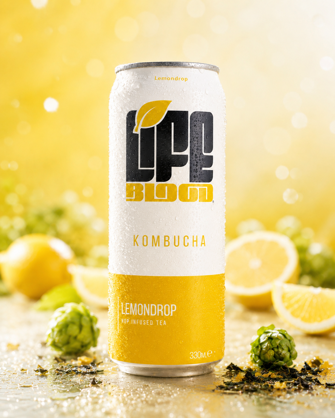 Life Blood Lemondrop kombucha 330ml can with fresh lemons and hops