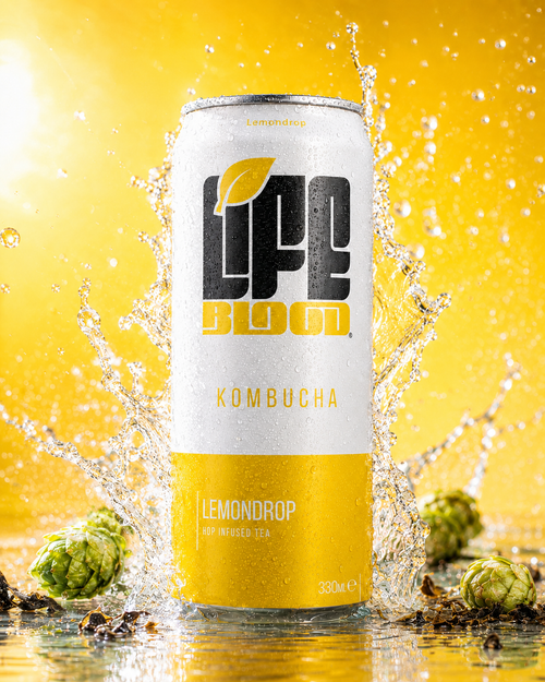 Life Blood Lemondrop kombucha 330ml can with a fresh water splash and hops