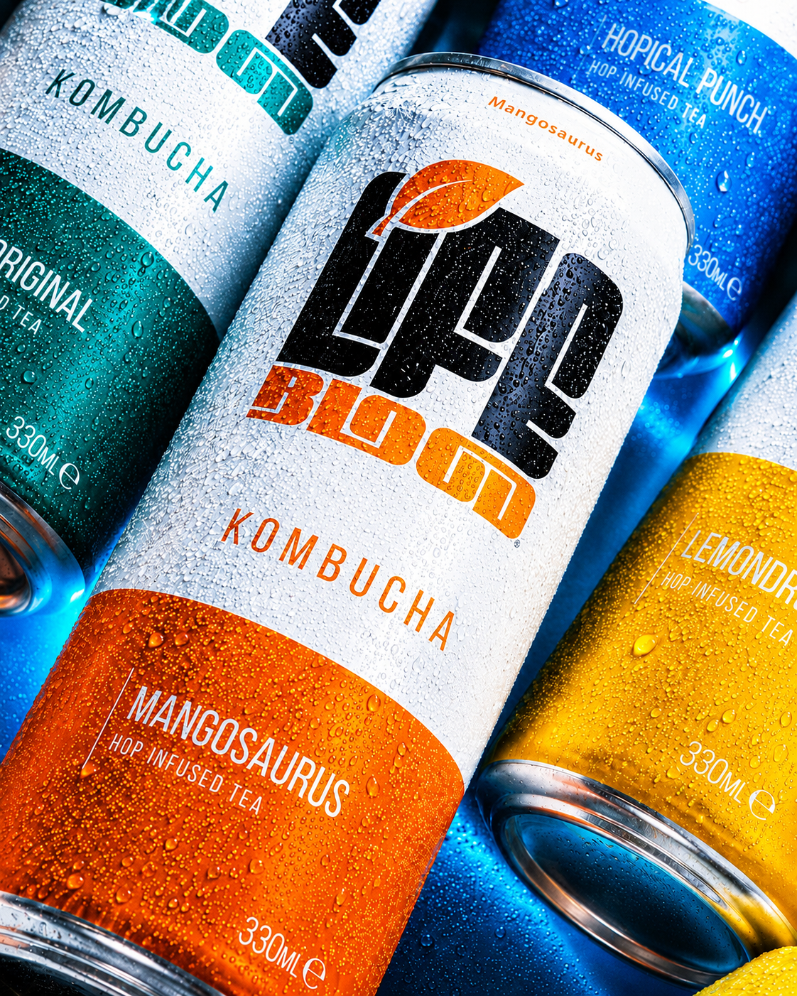 Close-up of a Life Blood Mangosaurus kombucha 330ml can