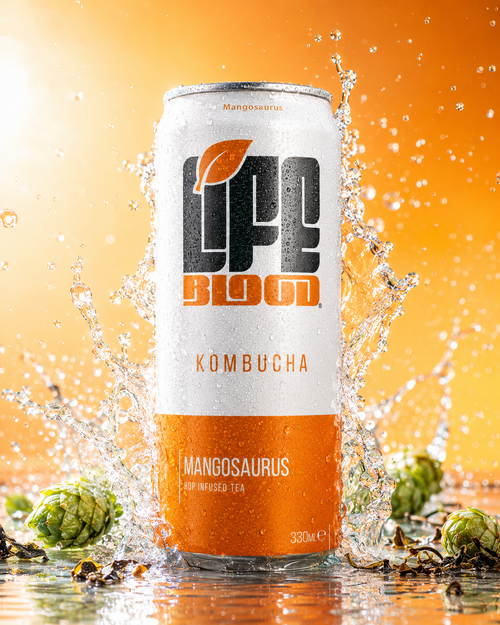 Life Blood Mangosaurus kombucha 330ml can with a fresh water splash and hops