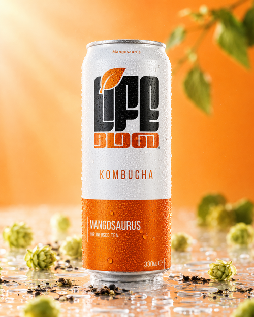 Life Blood Mangosaurus kombucha 330ml can in warm sunlight with hops