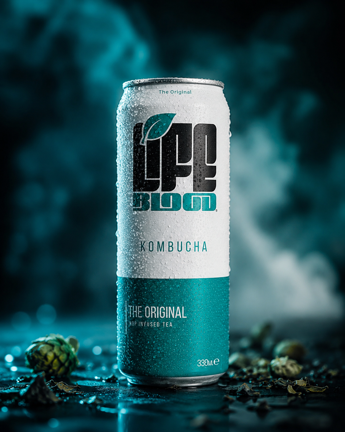 Life Blood The Original kombucha 330ml can in a dark, moody studio shot