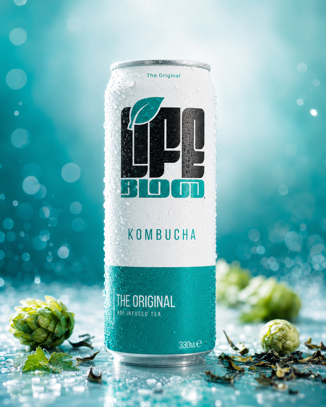 Life Blood The Original kombucha 330ml can on a teal background with hops